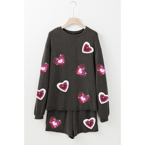 Carbon Grey Valentine Sequin Heart Corded Pullover and Shorts Set - S - Main Image