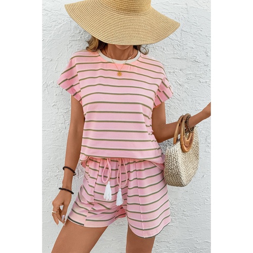 Pink Stripe Wide Short Sleeve Tee and Short Set - L - Main Image