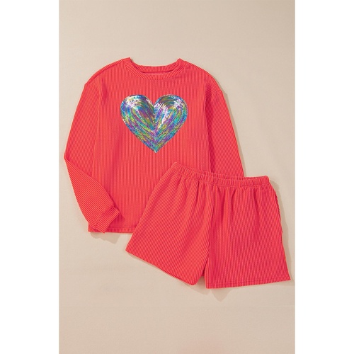 Gold Flame Glittering Heart Graphic Corded Long Sleeve Top 2 Piece Shorts Set - S - Main Image