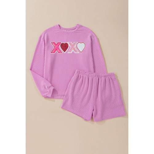 Phalaenopsis Corded Sequined XOXO Heart Valentines Long Sleeve Shorts Set - M - Main Image