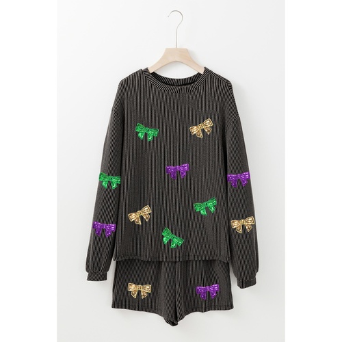Carbon Grey Bowknot Patched Pattern Corded Long Sleeve Top and Shorts Outfit - 2XL - Main Image