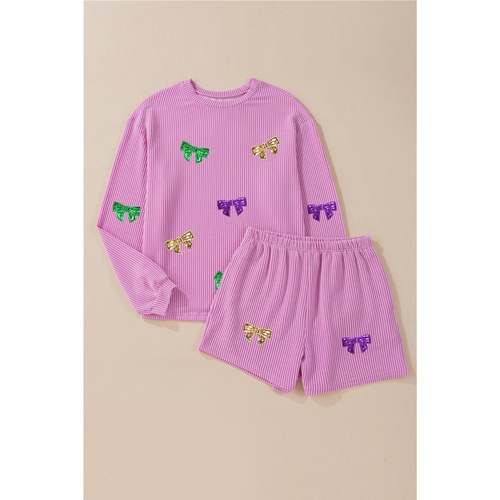 Phalaenopsis Bowknot Patched Pattern Corded Long Sleeve Top and Shorts Outfit - XL - Main Image