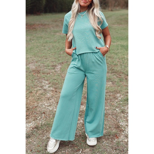 Mint Green Raglan Short Sleeve Tee and Wide Leg Pants Set - L - Main Image