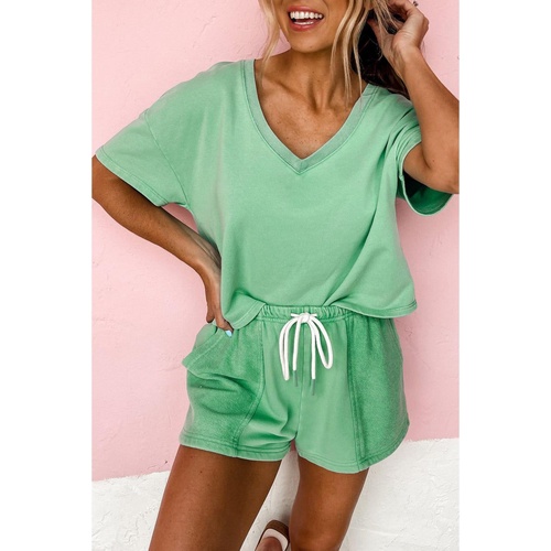 Mint Green V Neck Drop Shoulder Tee and Patchwork Drawstring Shorts Set - S - Main Image