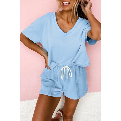 Myosotis V Neck Drop Shoulder Tee and Patchwork Drawstring Shorts Set - S - Main Image