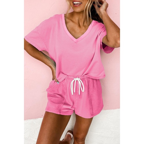 Bonbon V Neck Drop Shoulder Tee and Patchwork Drawstring Shorts Set - XL - Main Image