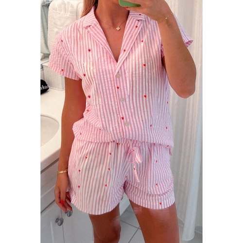 Pink Striped Tiny Hearts Printed Lapel Collar Shirt Style Short 2pcs Pajama Set - XL - Main Image