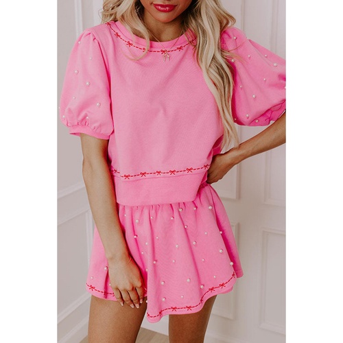 Pink Contrast Bow Trim Pearl Puff Sleeve Blouse and Skort 2pcs Set - S - Main Image
