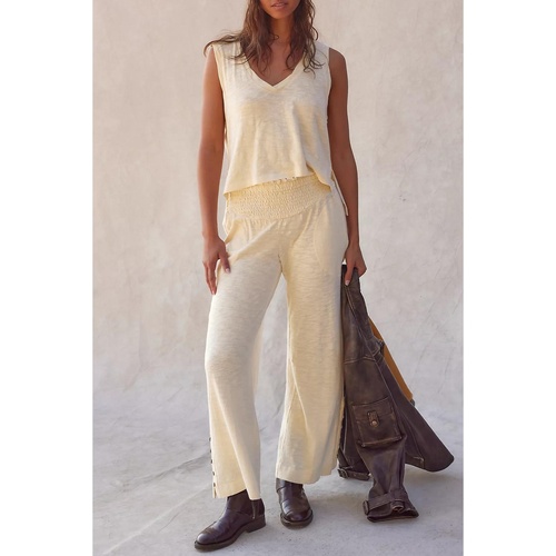 Beige Solid Color Tank Top and Smocked Waist Pants Set - S - Main Image