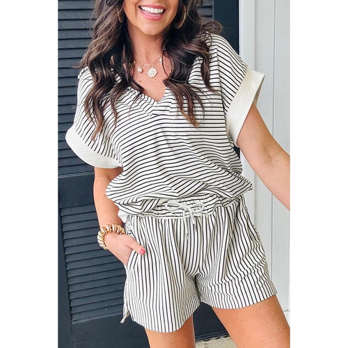 Black Stripe V Neck Tee and Casual Short Set - L - Main Image