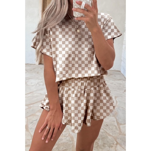 Brown Checkerboard T Shirt and High Waist Skorts 2 Piece Outfit - S - Main Image