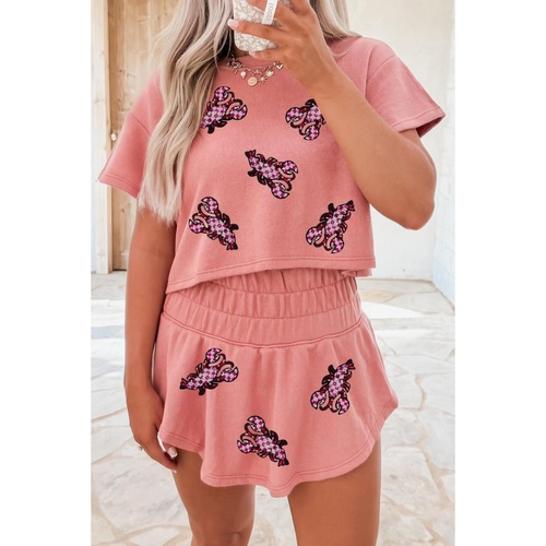 Blossom Sequined Lobster Patched Crop Tee and High Waist Short Set - L - Main Image