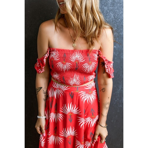 Red Floral Shirred Off Shoulder Crop Top and Slit Maxi Skirt Set - L - Main Image