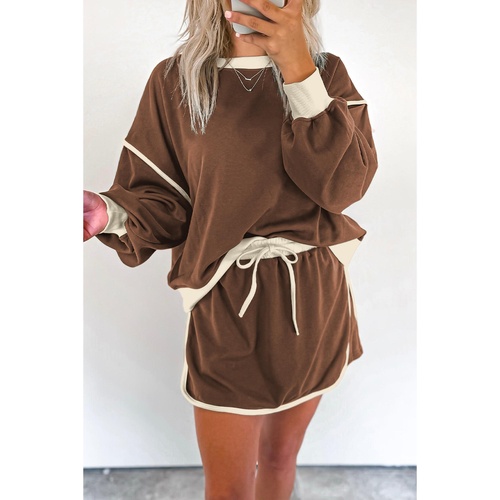 Coffee Color Contrast Loose Pullover and Lace-up Waist Skort Set - L - Main Image