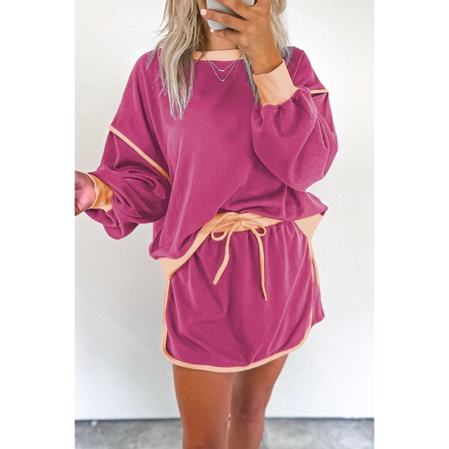 Rose Red Color Contrast Loose Pullover and Lace-up Waist Skort Set - S - Main Image