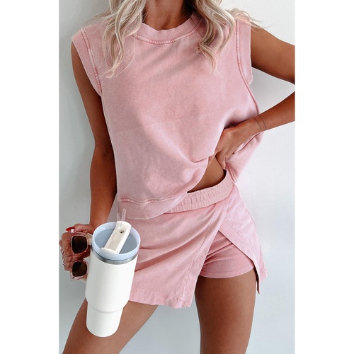 Light Pink 2 Pieces Mineral Wash Cotton Tank Top Lined Split Skirt Set - XL - Main Image