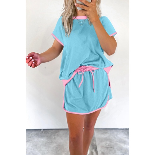 Turquoise Colorblock Edge Drop Shoulder T Shirt and Skirt 2Pcs Set - L - Main Image