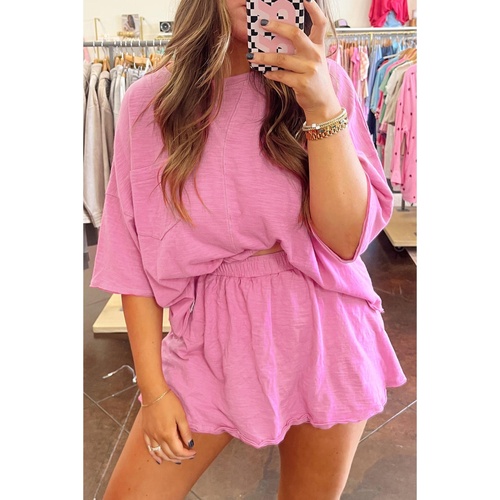 Sachet Pink Loose Fit Half Sleeve T Shirt and High Waist Skirt Set - L - Main Image