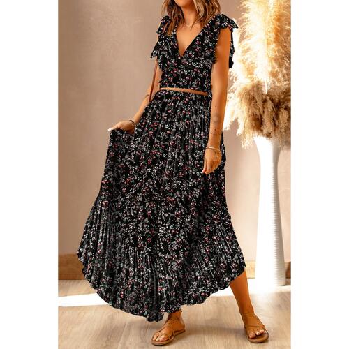 Azura Exchange Floral Ruffled Crop Top and Maxi Skirt Set - L - Main Image