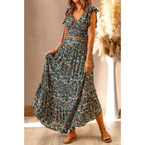Azura Exchange Floral Ruffled Crop Top and Maxi Skirt Set - L - Main Image
