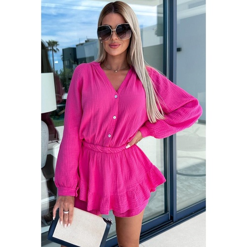 Azura Exchange Rose Textured Tiered Ruffled Buttoned Long Sleeve Romper - S - Main Image
