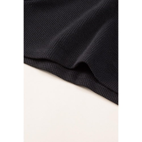 Black Brushed Ribbed Button Split V Neck Long Sleeve Romper - M - Main Image