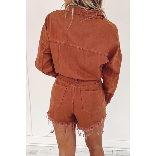Gold Flame Long Sleeve Snap Buttons Distressed Denim Romper - L - Main Image