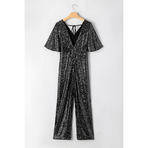 Black Sequin V Neck Flutter Sleeve Wide Leg Jumpsuit - M - Main Image