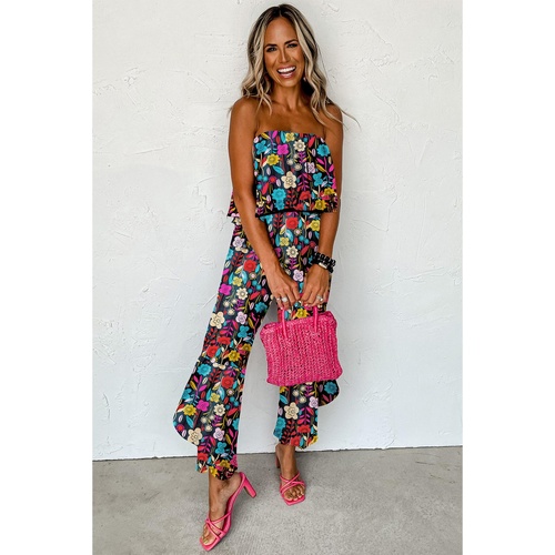 Red Mix Tropical Print Strapless Ruffled Jumpsuit - S - Main Image