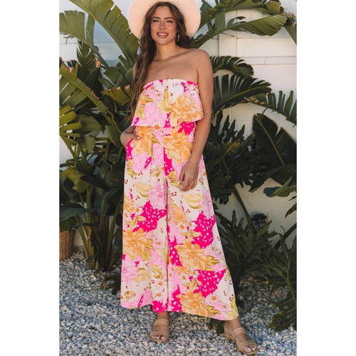 Multicolour Floral Print Ruffled High Waist Tube Top Loose Jumpsuit - S - Main Image