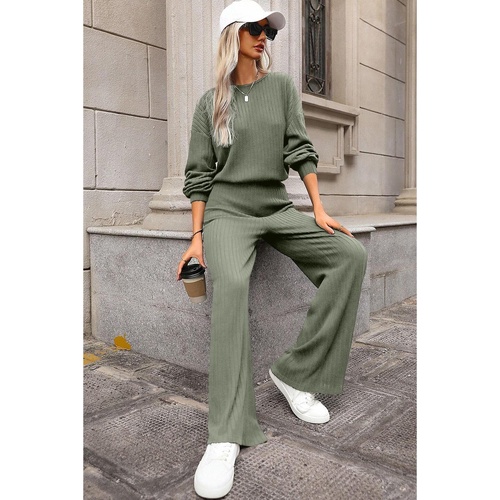 Laurel Green Solid Ribbed Knit Keyhole Back High Waist Jumpsuit - L - Main Image