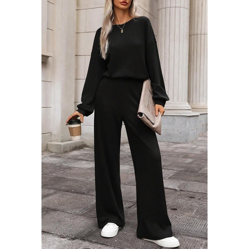 Black Solid Ribbed Knit Keyhole Back High Waist Jumpsuit - L - Main Image