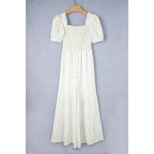 White Boho Floral Smocked Wide Leg Short Puff Sleeve Jumpsuit - L - Main Image