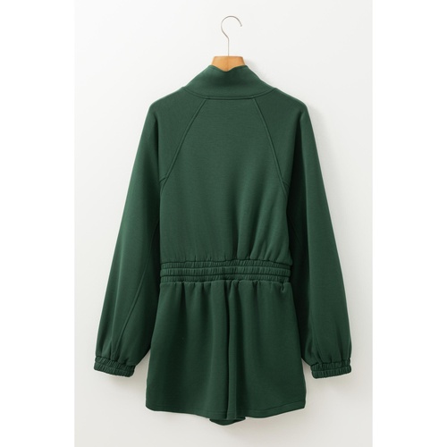 Blackish Green Collared Half Zip French Terry Knit Drawstring Casual Romper - L - Main Image