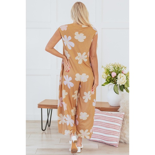 Khaki Floral Print Sleeveless Button up Wide Leg Loose Jumpsuit - L - Main Image