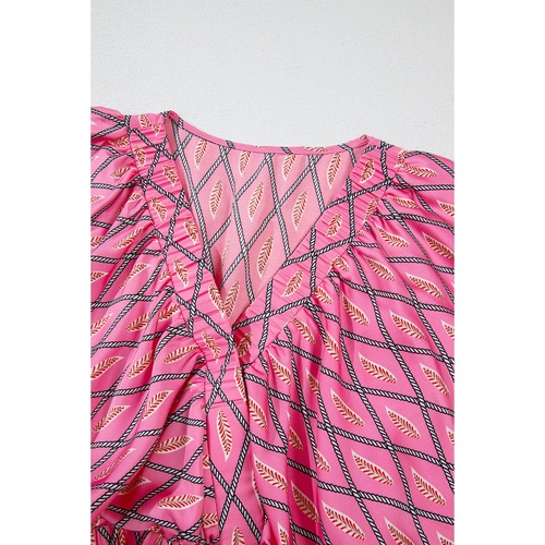 Pink Paisley Geometric Print V Neck High Waist Romper - L - Main Image