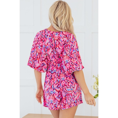 Pink Abstract Print Puff Sleeve V Neck High Waist Romper - L - Main Image