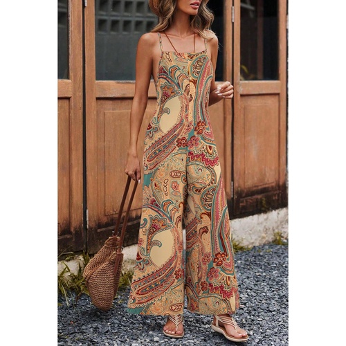 Red Paisley Printed Spaghetti Straps Elegant Wide Leg Jumpsuit - L - Main Image