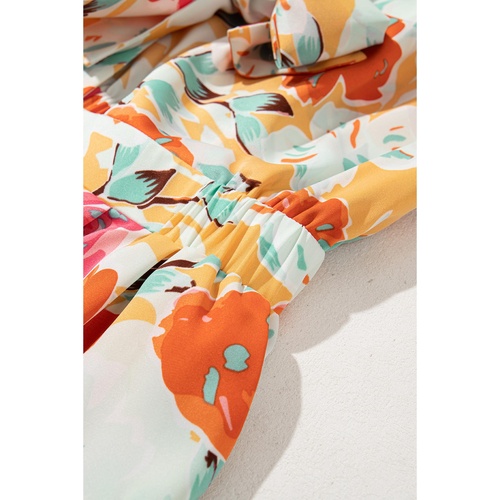 Orange Blooming Floral Print Front Tie Romper - L - Main Image