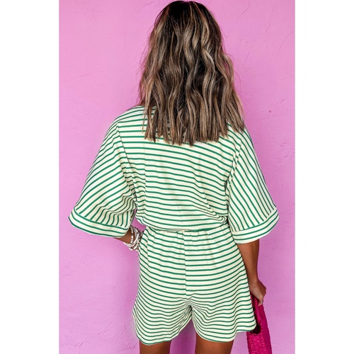 Green Stripe Textured Short Sleeve Collared Buttoned Waist Tie Romper - XL - Main Image