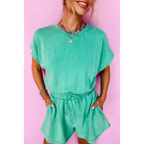 Sea Green Mineral Wash Drawstring Waist Hollow Out Back Short Sleeve Romper - M - Main Image
