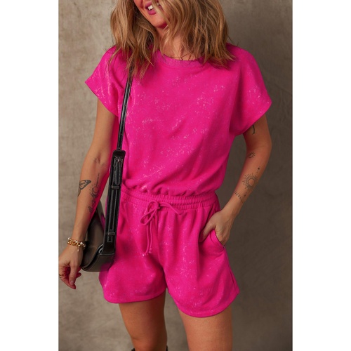 Rose Red Mineral Wash Drawstring Waist Hollow Out Back Short Sleeve Romper - XL - Main Image