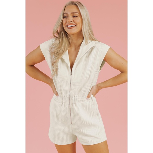 Jet Stream Textured Zipped Front V Neck Collared Casual Romper - L - Main Image