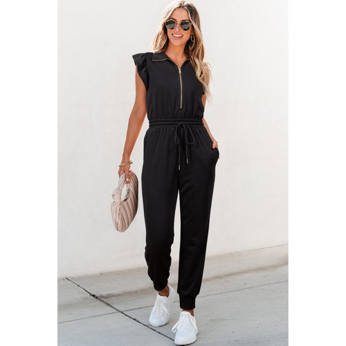 Black Zipper Flutter Sleeve Drawstring High Waist Jumpsuit - S - Main Image