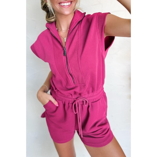 Rose Red Textured Short Sleeve Half Zip Drawstring Waist Romper - XL - Main Image
