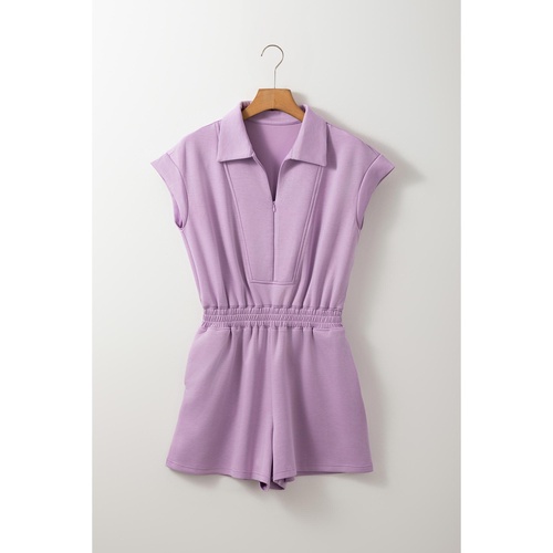 Orchid Bouquet Short Sleeve Zipper Collared Elastic High Waist Romper - L - Main Image