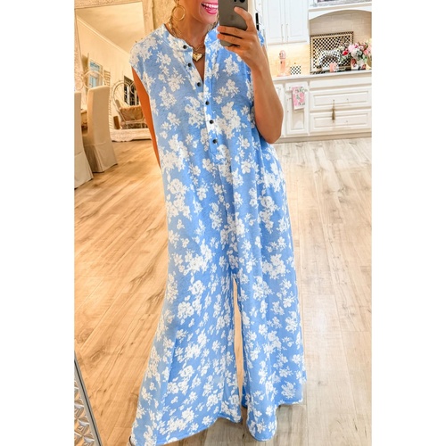 Myosotis Floral Print Half Button Wide Leg Relaxed Sleeveless Jumpsuit - L - Main Image