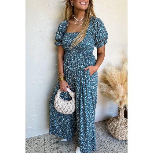 Blue Vintage Boho Floral Smocked Short Puff Sleeve Wide Leg Jumpsuit - S - Main Image