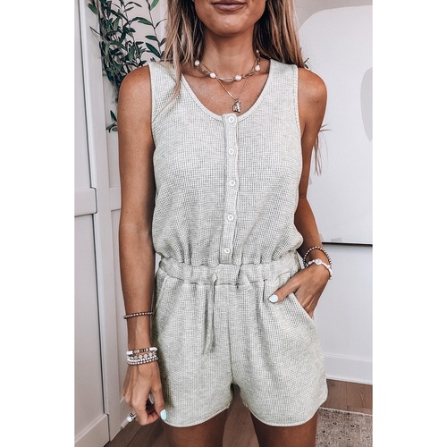 Light Grey Waffle Knit Sleeveless Buttoned Front Drawstring Waist Romper - L - Main Image