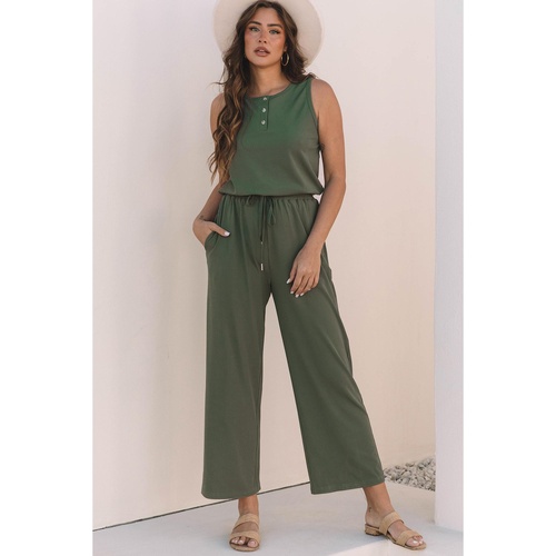 Vineyard Green Buttoned Drawstring Waist Sleeveless Wide Leg Jumpsuit - L - Main Image